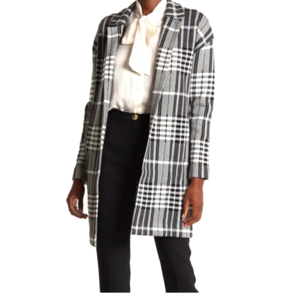 Tahari Plaid Sweater Jacket Blazer Black White Lagenlook Capsule Career Sz Large